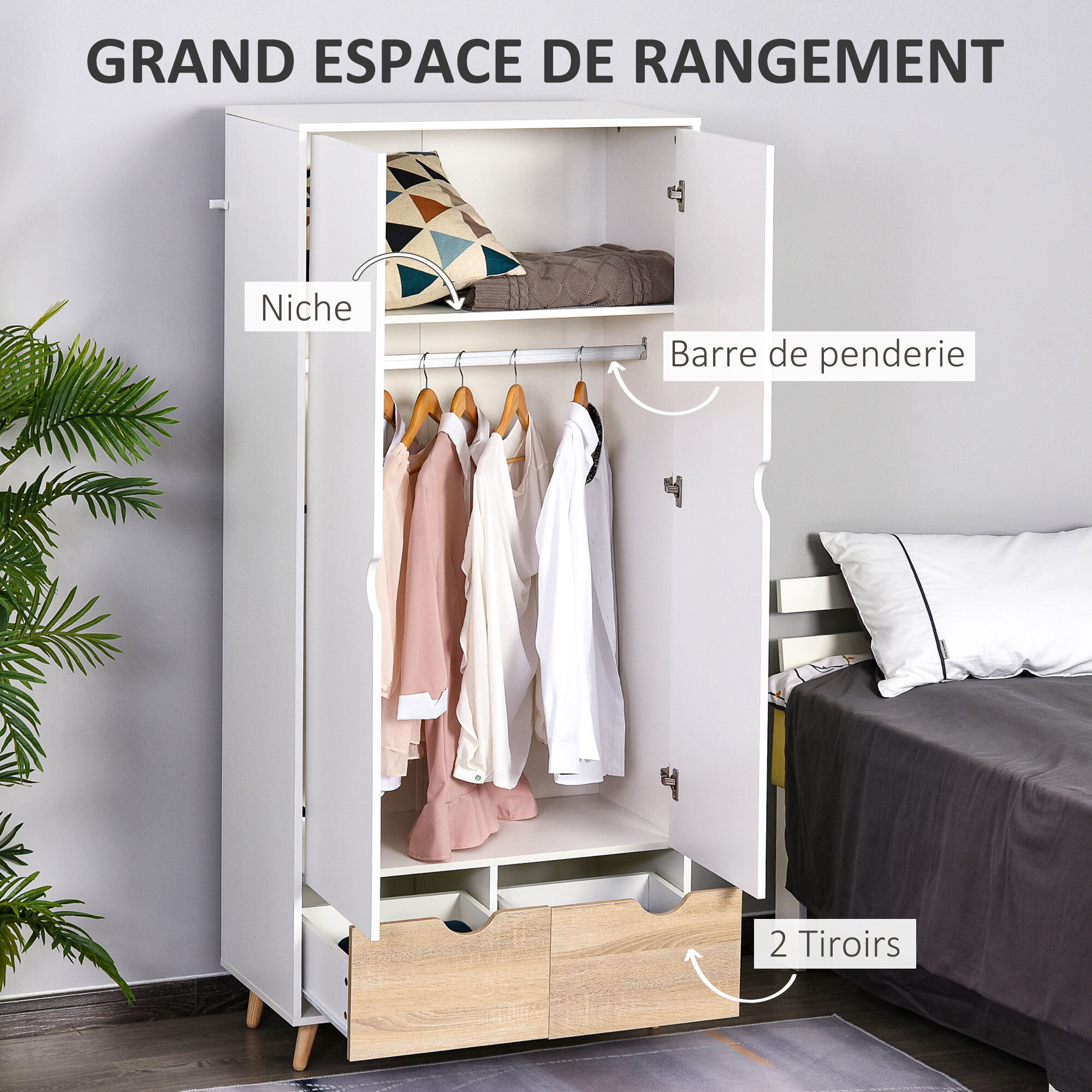 Armoire de rangement design scandinave - armoire de chambre - placard 2 portes avec penderie et étagère - 2 tiroirs coulissants - panneaux particules blanc chêne clair