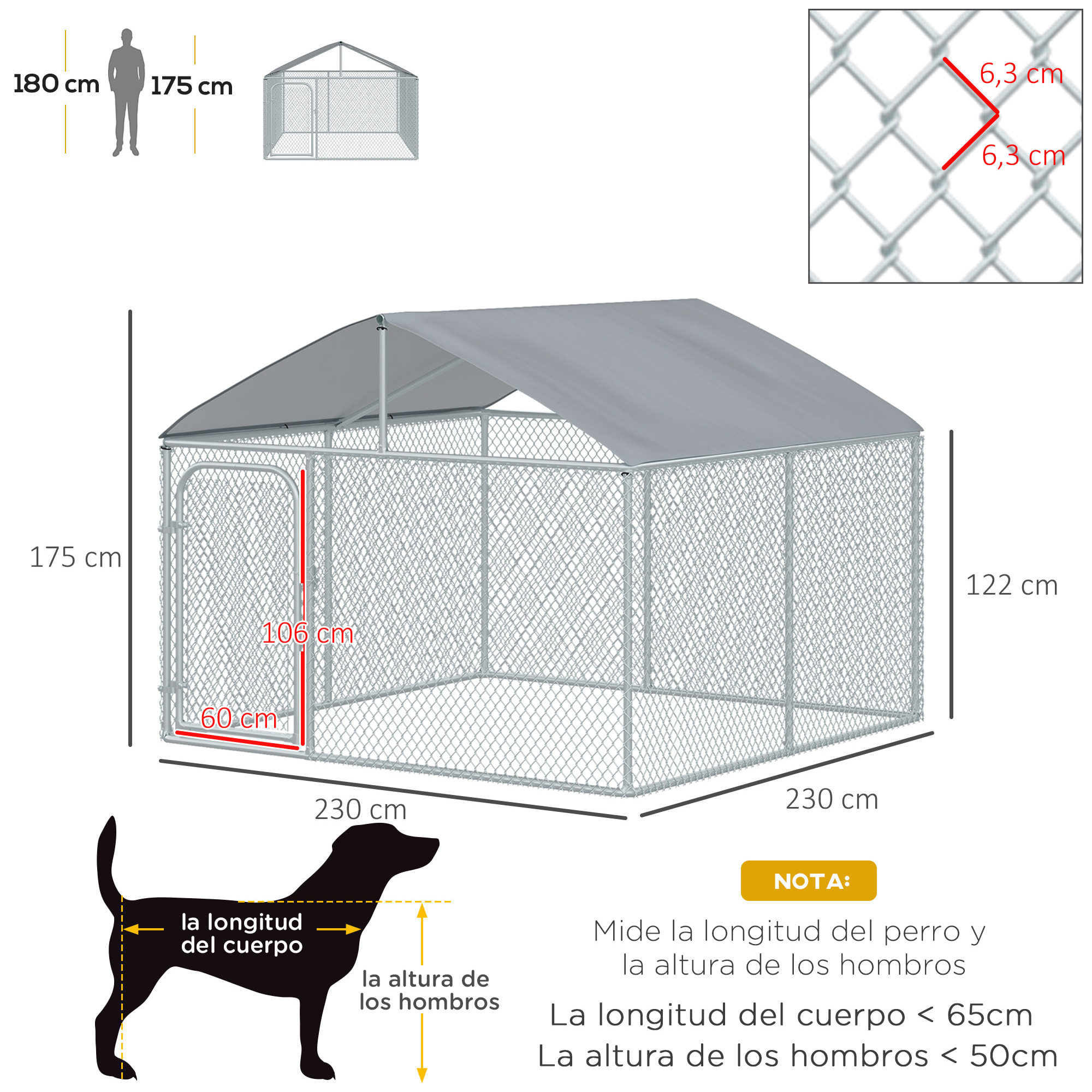 Perrera de Exterior con Toldo 230x230x175 cm Jaula para Perros Mascotas de Acero Galvanizado con Cerradura para Jardín Patio Plata