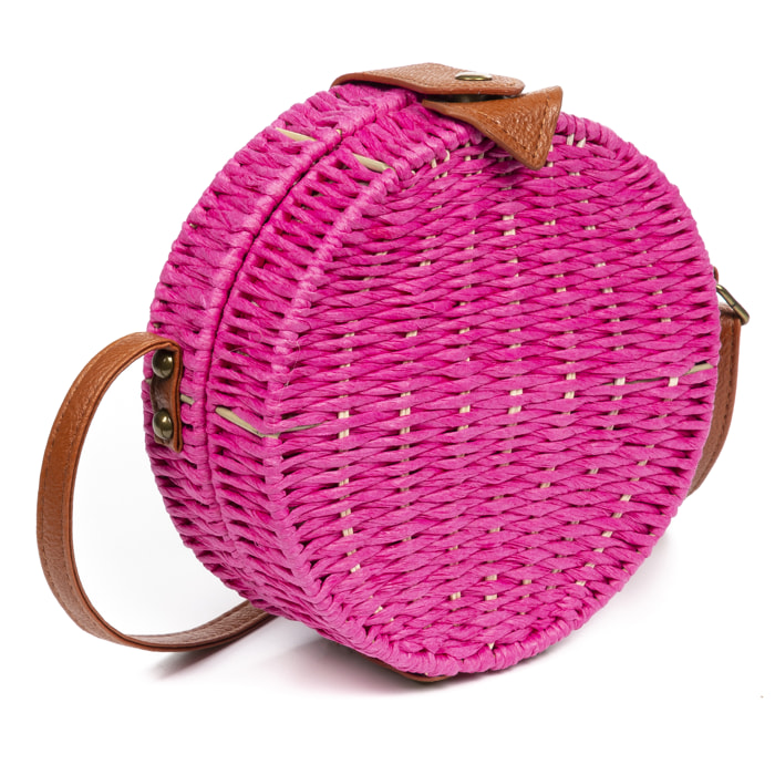 IRIA QUINTANA Borsa a tracolla da donna Cuneo. Tessuto Paglia Pelle Sintetica PU 18x4x18 Cm. Colore fucsia