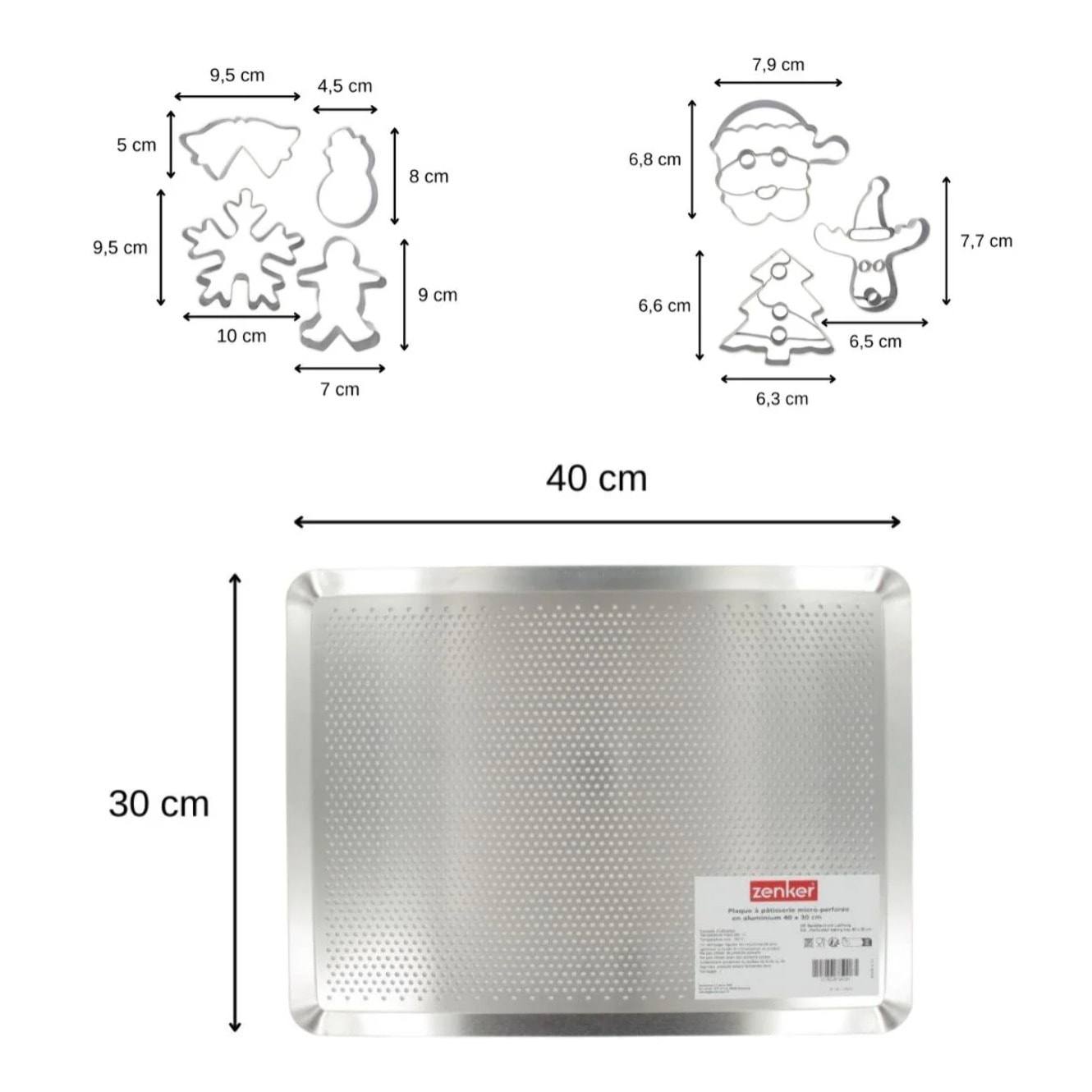 Plaque de cuisson four microperforée de 40 x 30 cm et 7 emporte-pièces de Noël inox Zenker Noël