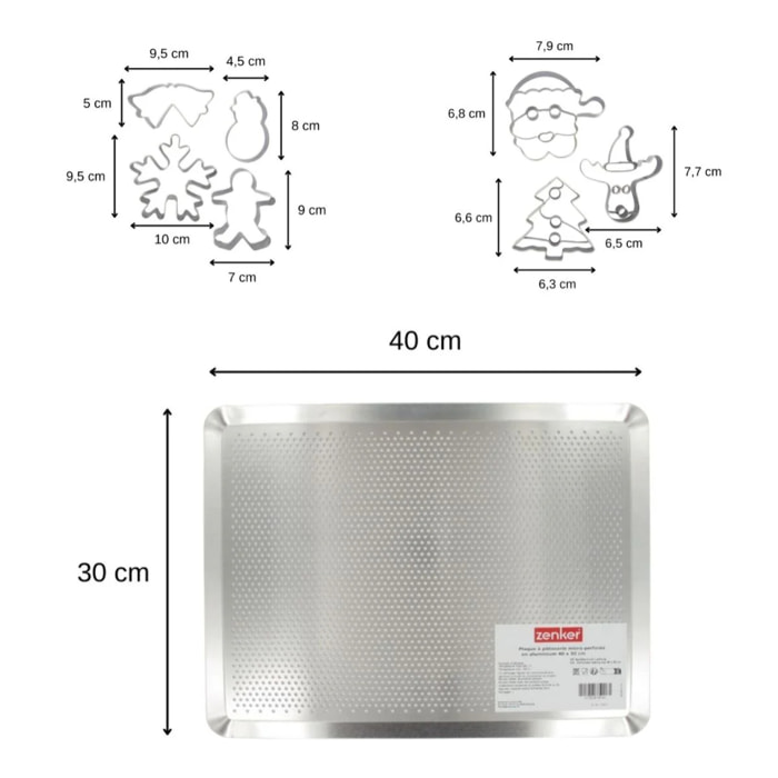 Plaque de cuisson four microperforée de 40 x 30 cm et 7 emporte-pièces de Noël inox Zenker Noël