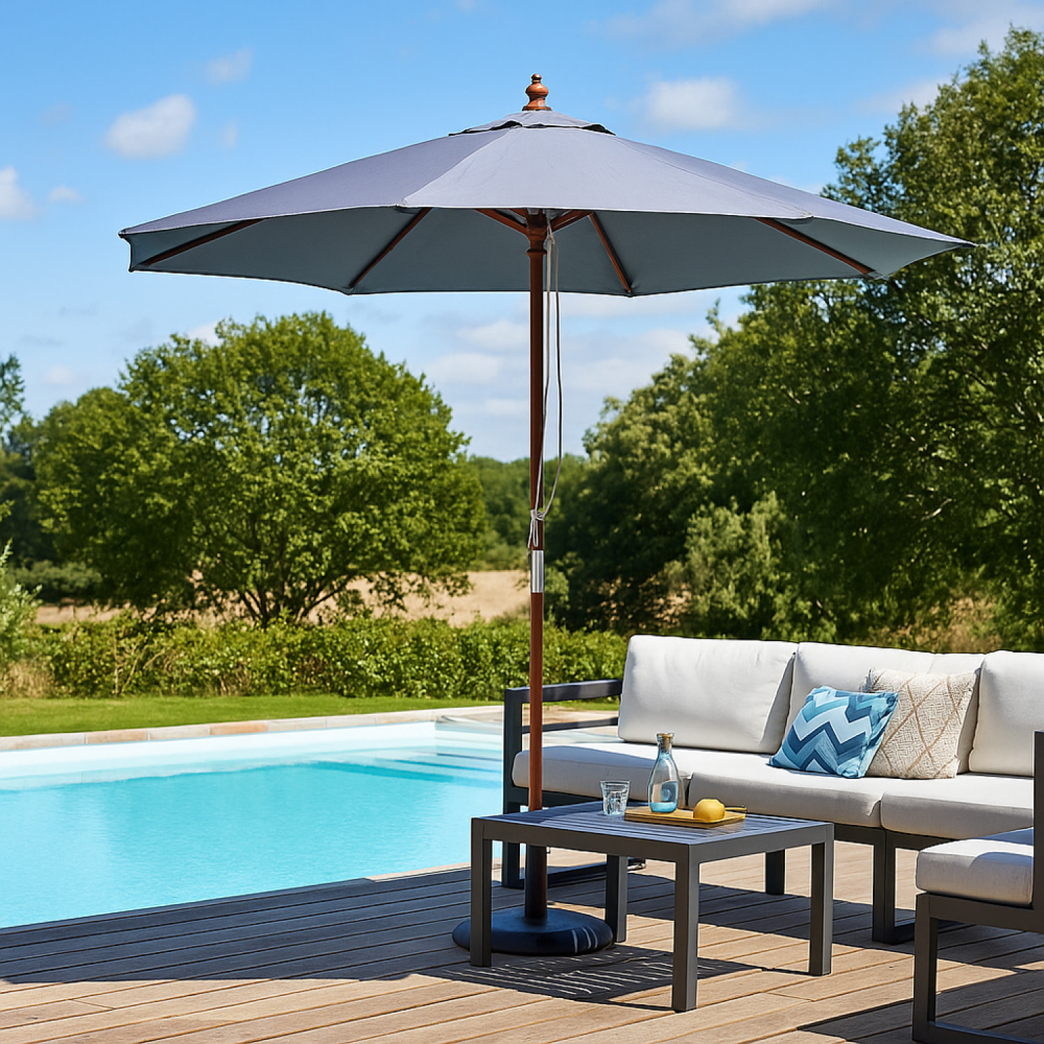 Parasol en bois rond Ø 2,7 m toile grise CASERTE
