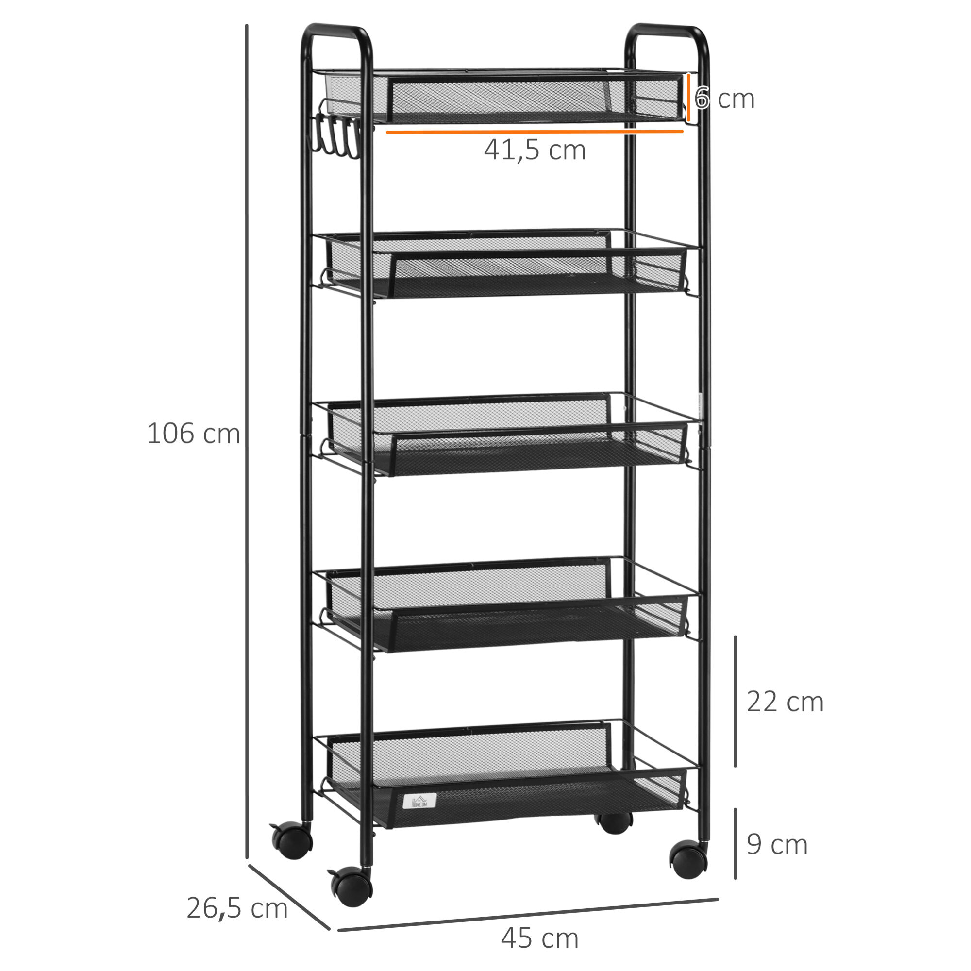 Chariot de service desserte de cuisine à roulettes 5 paniers métalliques amovibles 4 crochets acier noir