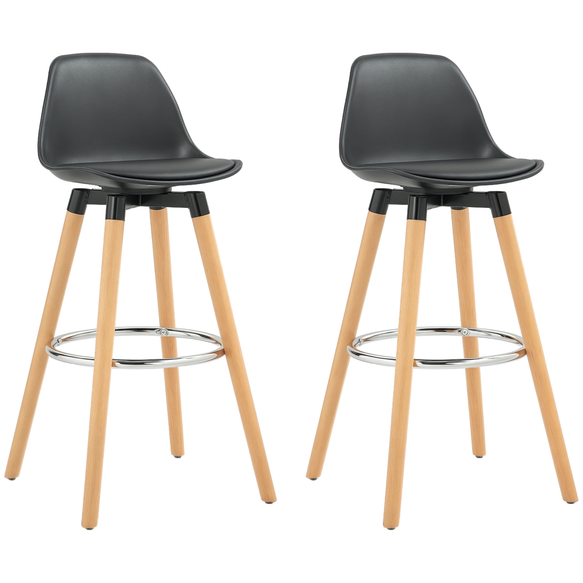 Tabourets de bar style scandinave - lot de 2 tabourets de bar avec repose-pieds - piètement bois de hêtre assise PU noir