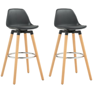 Tabourets de bar style scandinave - lot de 2 tabourets de bar avec repose-pieds - piètement bois de hêtre assise PU noir