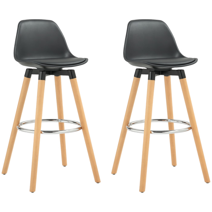 Tabourets de bar style scandinave - lot de 2 tabourets de bar avec repose-pieds - piètement bois de hêtre assise PU noir