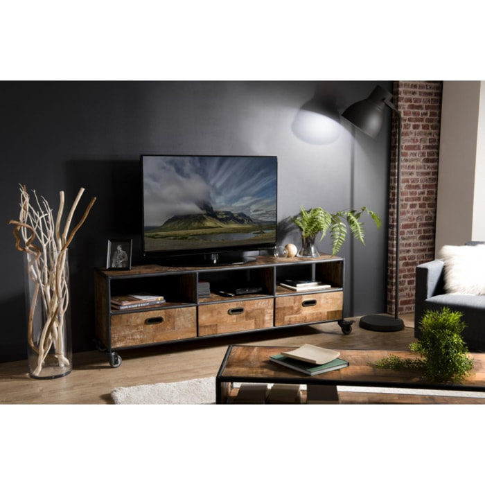 ALIDA - Meuble TV à roulettes marron 3 tiroirs 3 niches teck recyclé et métal noir