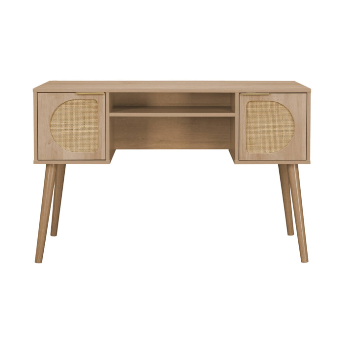 Bureau effet bois et cannage 2 portes EVA naturel 120 x 55 x 76.5 cm