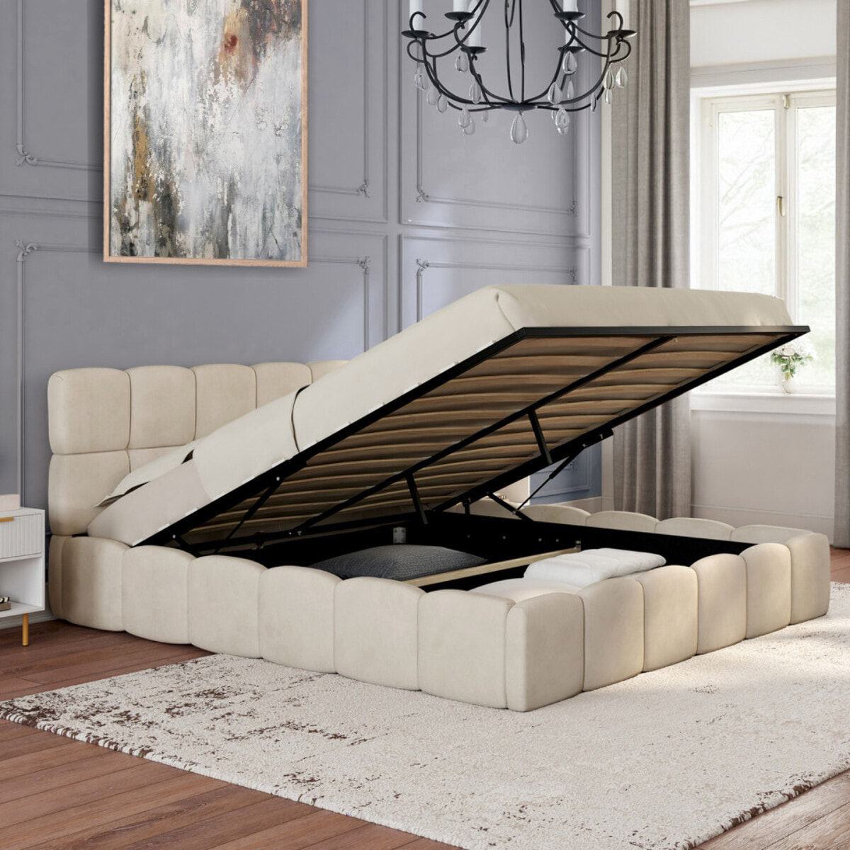 Lit coffre Bubble 160x200cm velours beige