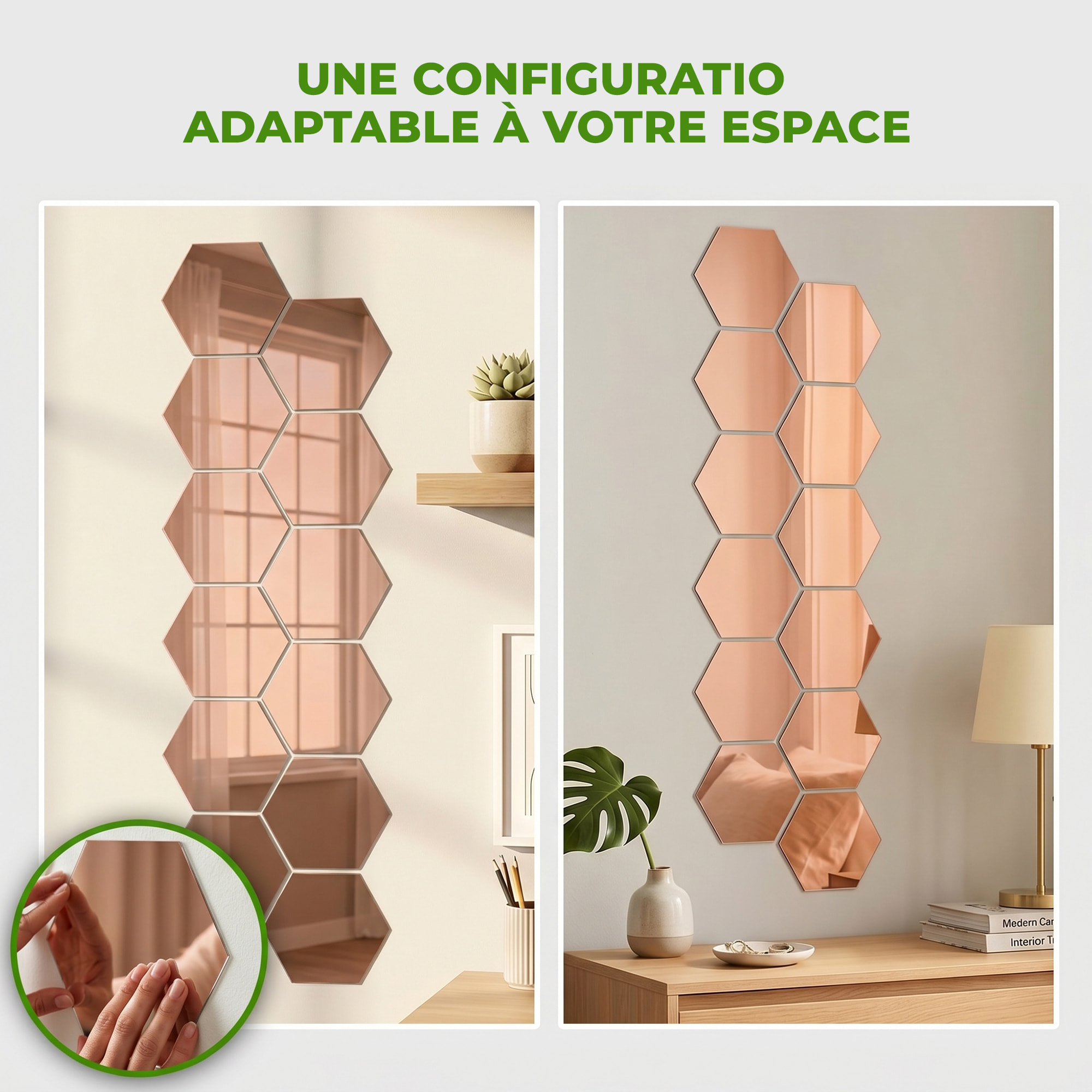 12 stickers miroirs hexagonaux rose or