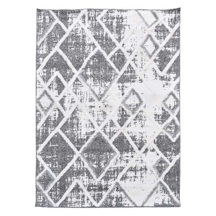 Tapis Gaco en relief dessin géométrique, couleur gris et blanc