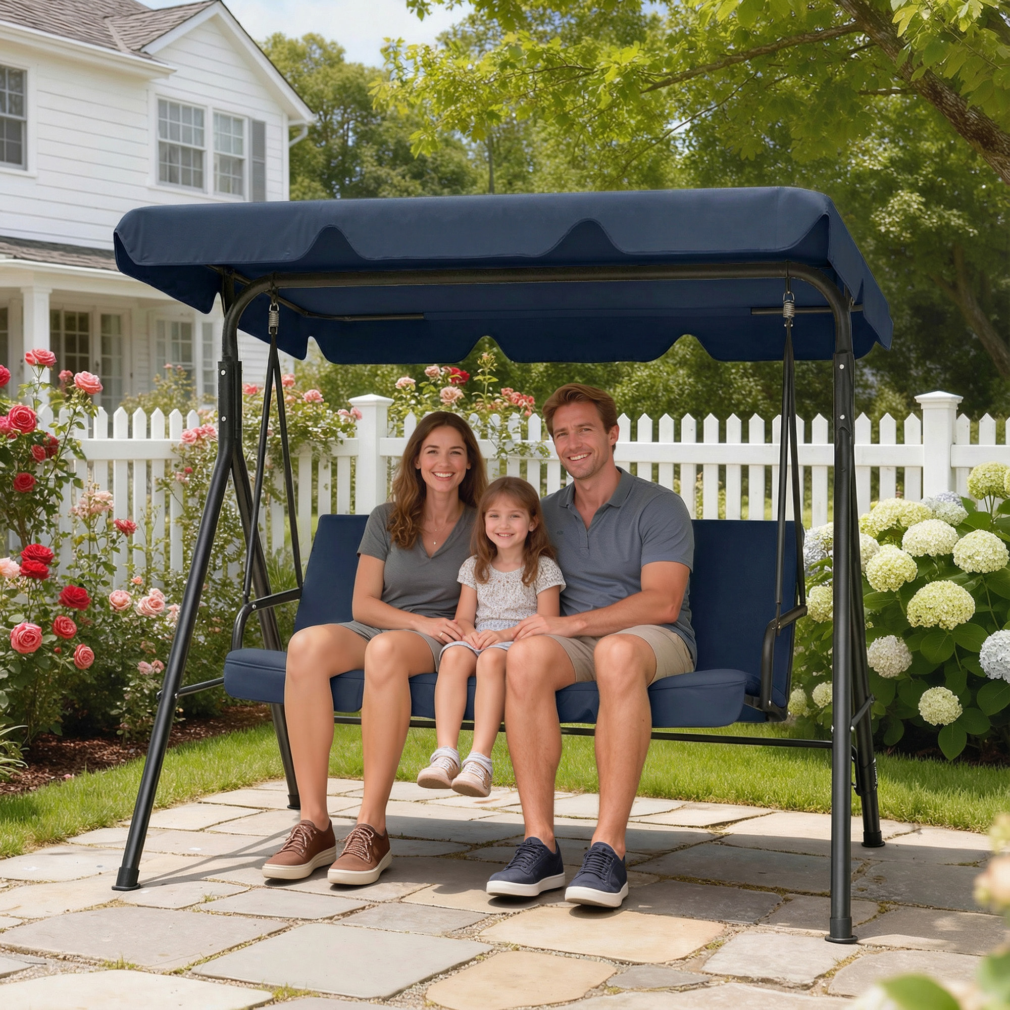Columpio de Jardín Exterior de 3 Plazas, Balancín de Jardín Exterior con Techo Ajustable, Cojín y Marco de Acero, para Balcón, Terraza, Patio, Carga 240 kg, 172x118x153 cm, Azul Marino