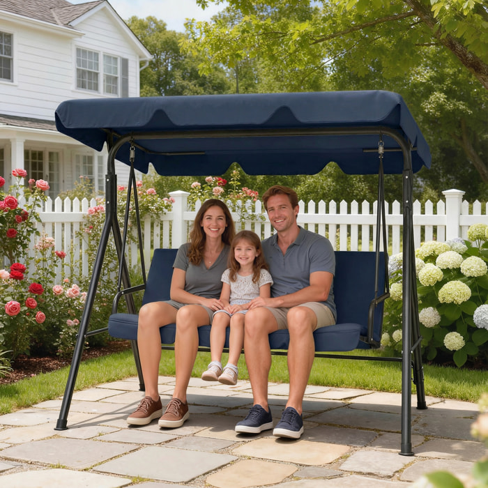 Columpio de Jardín Exterior de 3 Plazas, Balancín de Jardín Exterior con Techo Ajustable, Cojín y Marco de Acero, para Balcón, Terraza, Patio, Carga 240 kg, 172x118x153 cm, Azul Marino