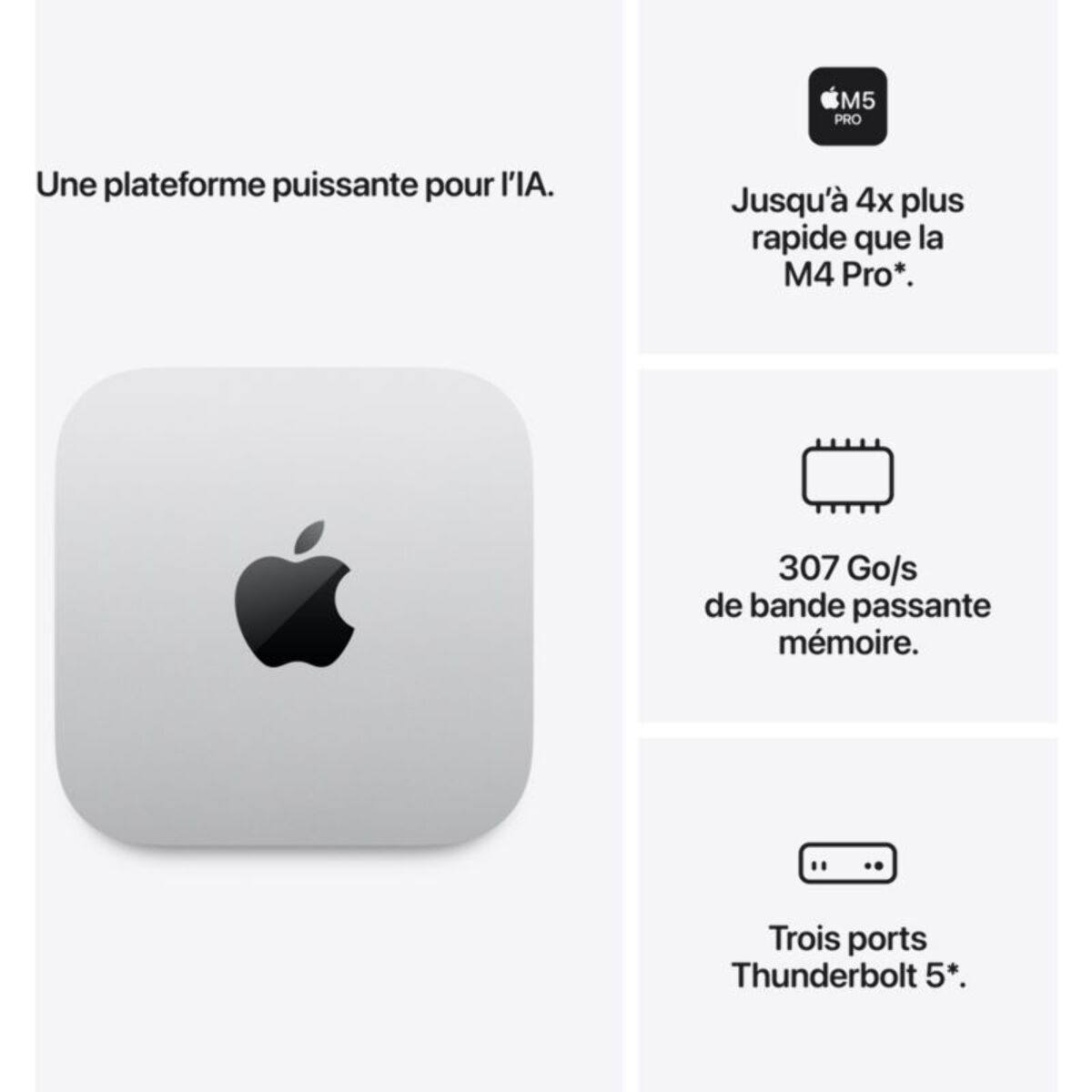 Ordinateur Apple MAC Mini Puce M5 Pro CPU 15 / GPU 16 coeurs / Mémoire RAM 24Go Stockage 512Go SSD Argent