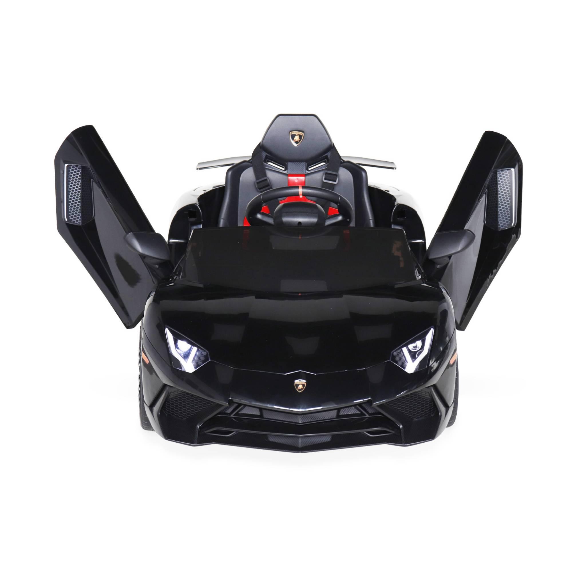 Voiture électrique 12V pour enfant Lamborghini. noir. 1 place. avec autoradio. télécommande. MP3. port USB et phares fonctionnels