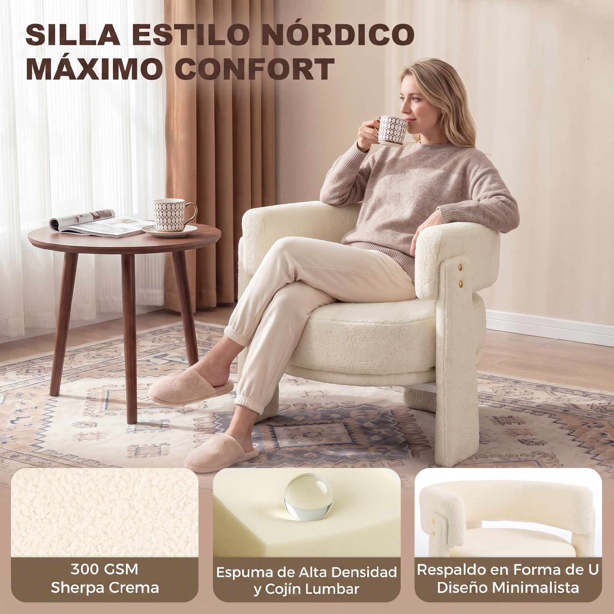 HOMCOM Butaca de Salón, Tapizado en Borreguito, Sillón de Salón, con Cojín Lumbar, Asiento Profundo, Acolchado Grueso y Reposabrazos Integrados, para Dormitorio, Lectura, Blanco Crema