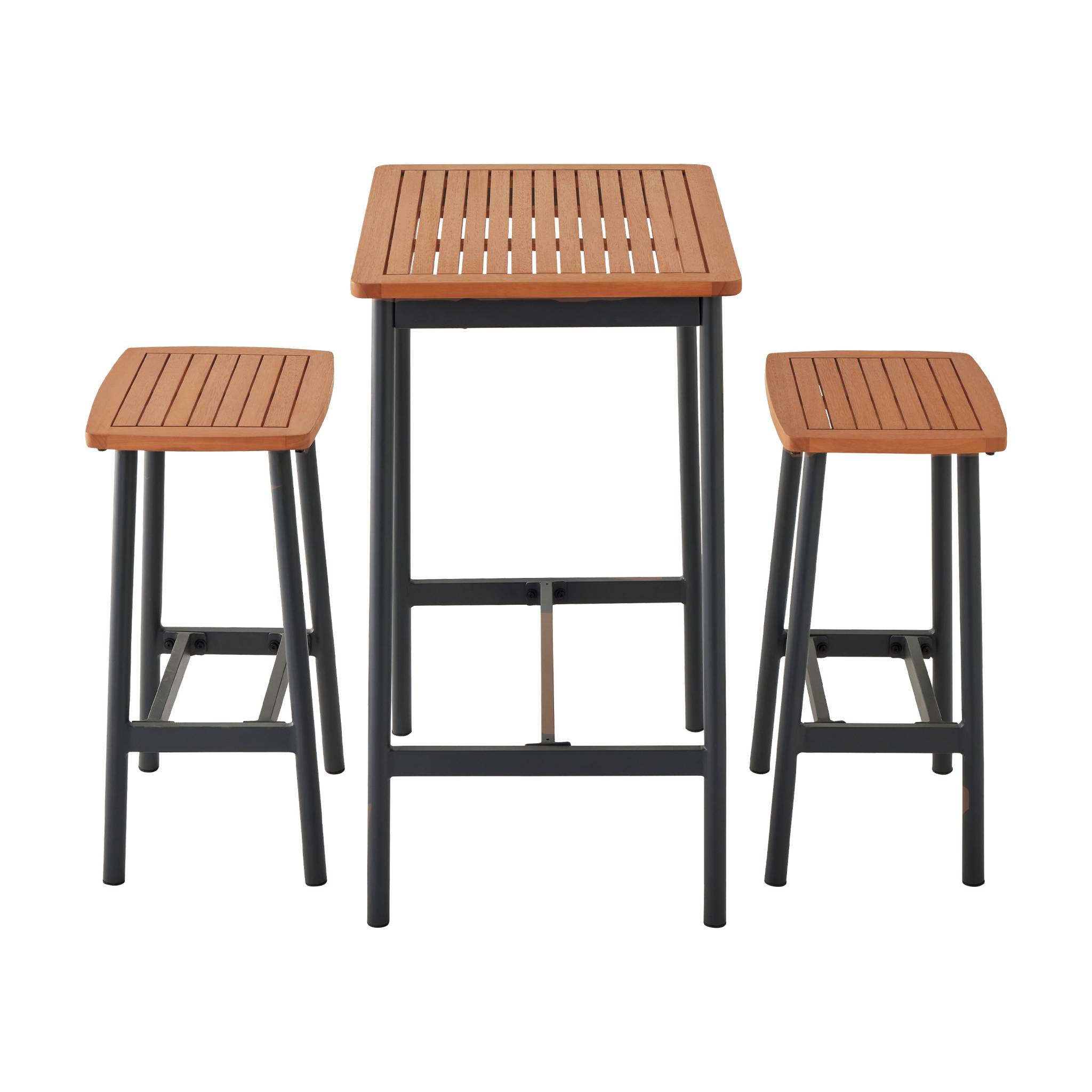 Set complet table de bar extérieur + 2 tabouret bois d'eucalyptus couleur anthracite anticorrosion IPIRA