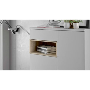 Credenza a due ante e un cassetto, colore bianco con un vano di colore rovere, Misure 88 x 118 x 36 cm