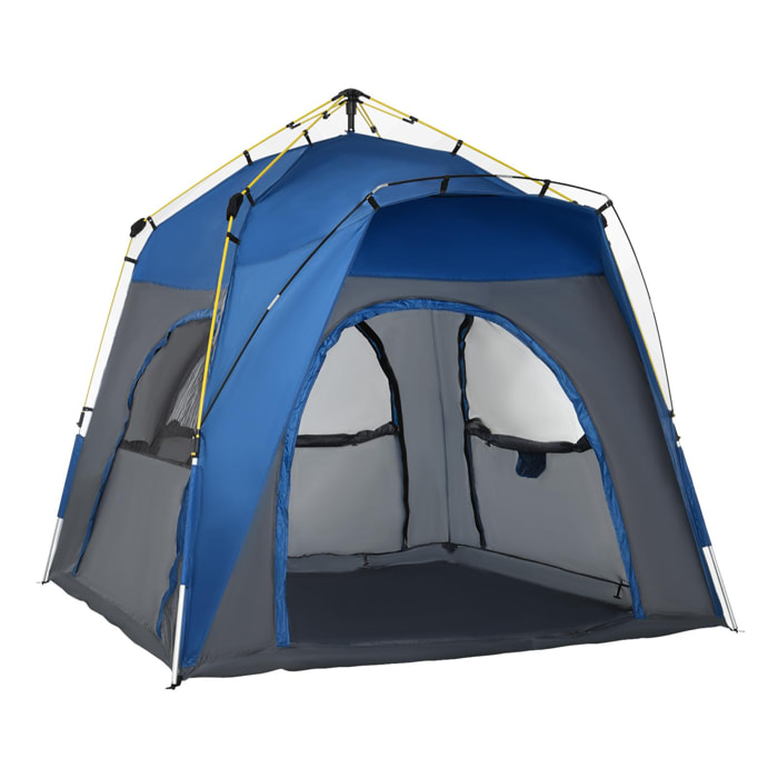 Tente de camping familiale 4 personnes montage instantanée pop-up 4 fenêtres pare-soleil dim. 2,4L x 2,4l x 1,95H m fibre verre polyester bleu anthracite