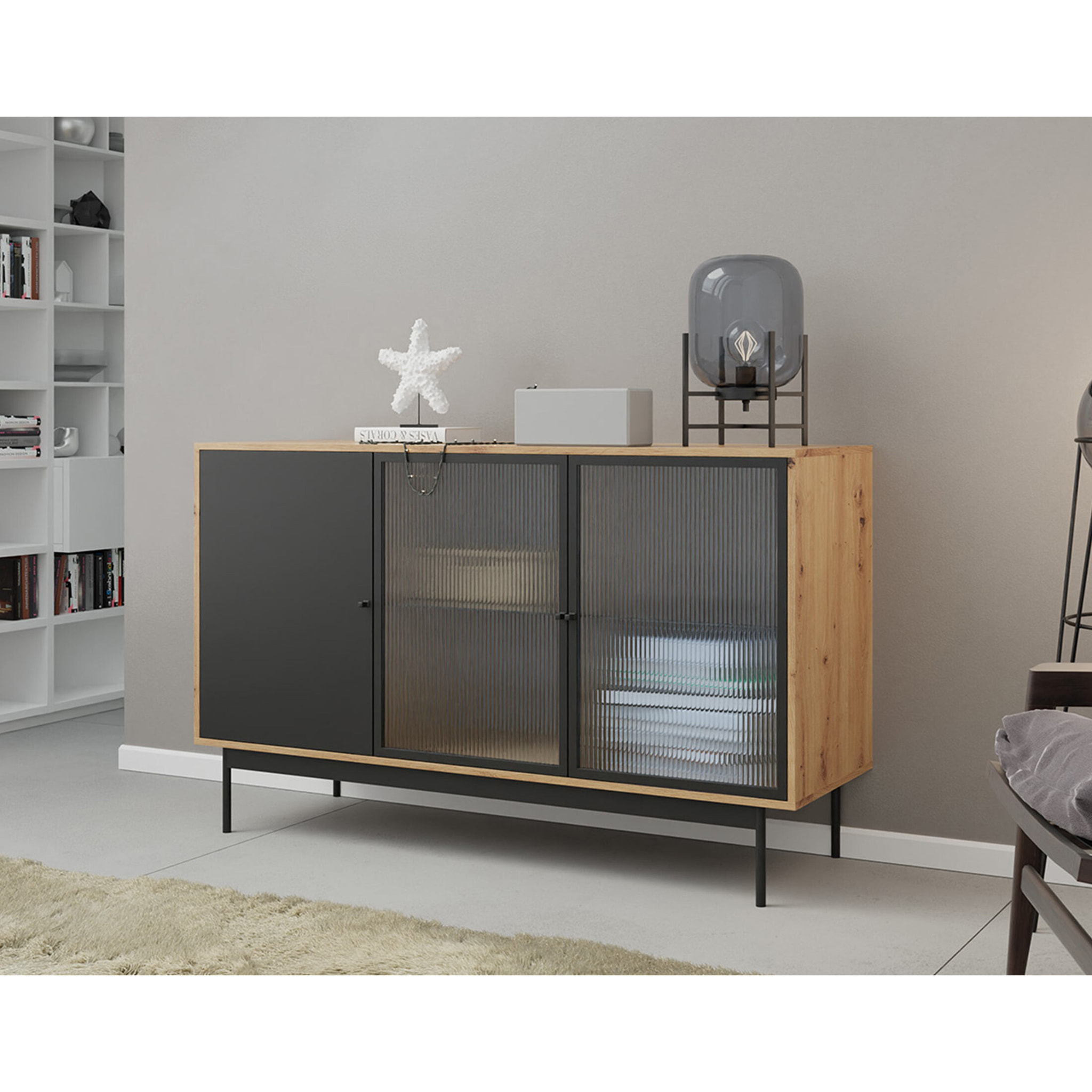 Lamia - buffet bas - effet bois et noir - 3 portes - 148 cm - Noir / Bois