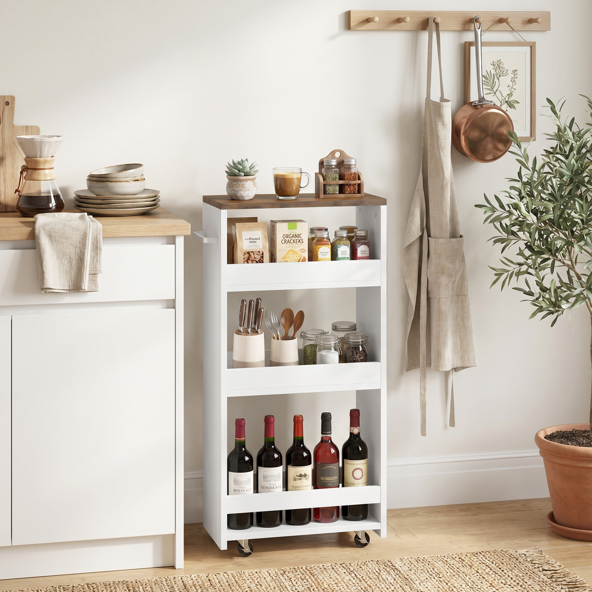 Carrito de Cocina Estrecho de 3 Niveles con Ruedas y Asa Lateral, Carro de Cocina Rodante para Espacios Reducidos, Comedor o Salón, 40x20x84 cm, Blanco