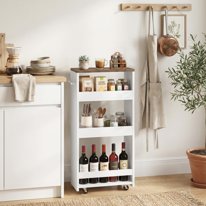 Carrito de Cocina Estrecho de 3 Niveles con Ruedas y Asa Lateral, Carro de Cocina Rodante para Espacios Reducidos, Comedor o Salón, 40x20x84 cm, Blanco