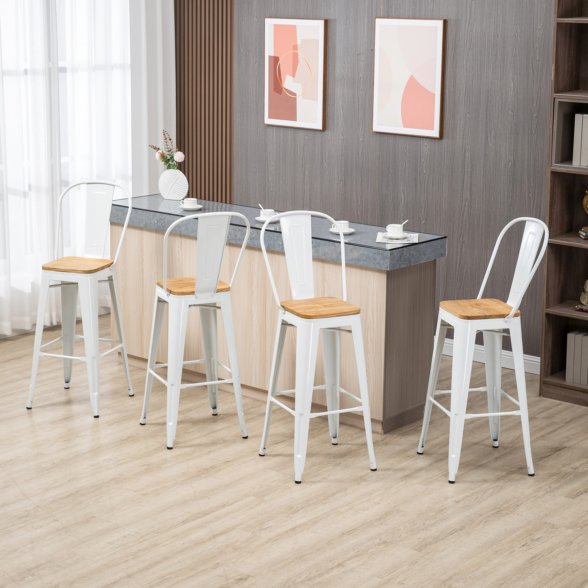 Lot de 4 tabourets de bar industriel avec dossier repose-pied hauteur assise 76 cm acier blanc bois d'orme