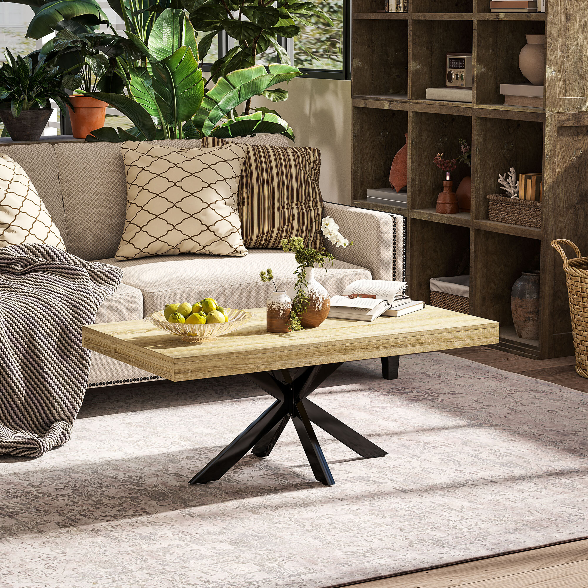 Table basse rectangulaire design industriel - dim. 110L x 60l x 45H cm - métal noir aspect chêne clair