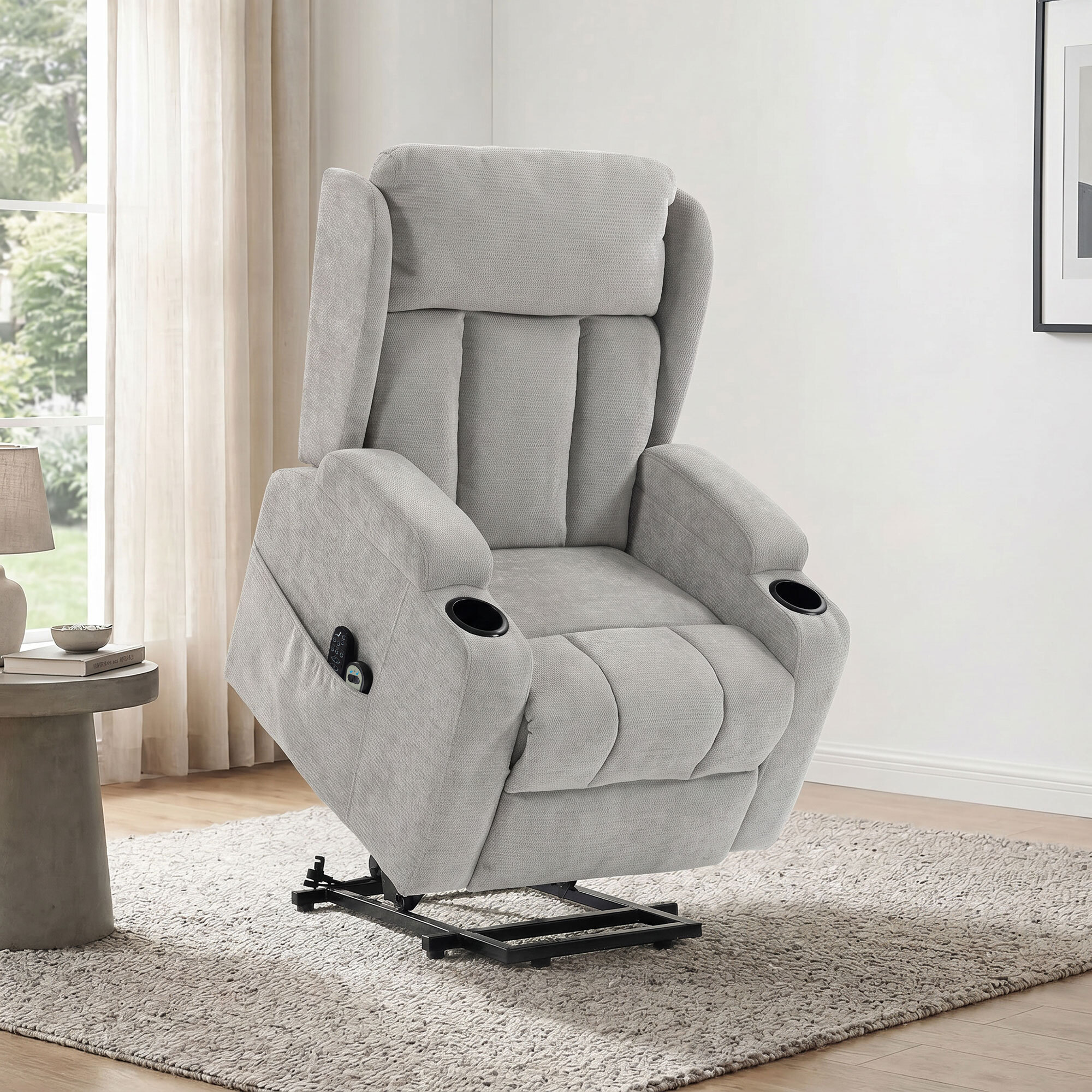 Fauteuil releveur massant chauffant inclinable repose-pieds ajustable télécommande gris clair