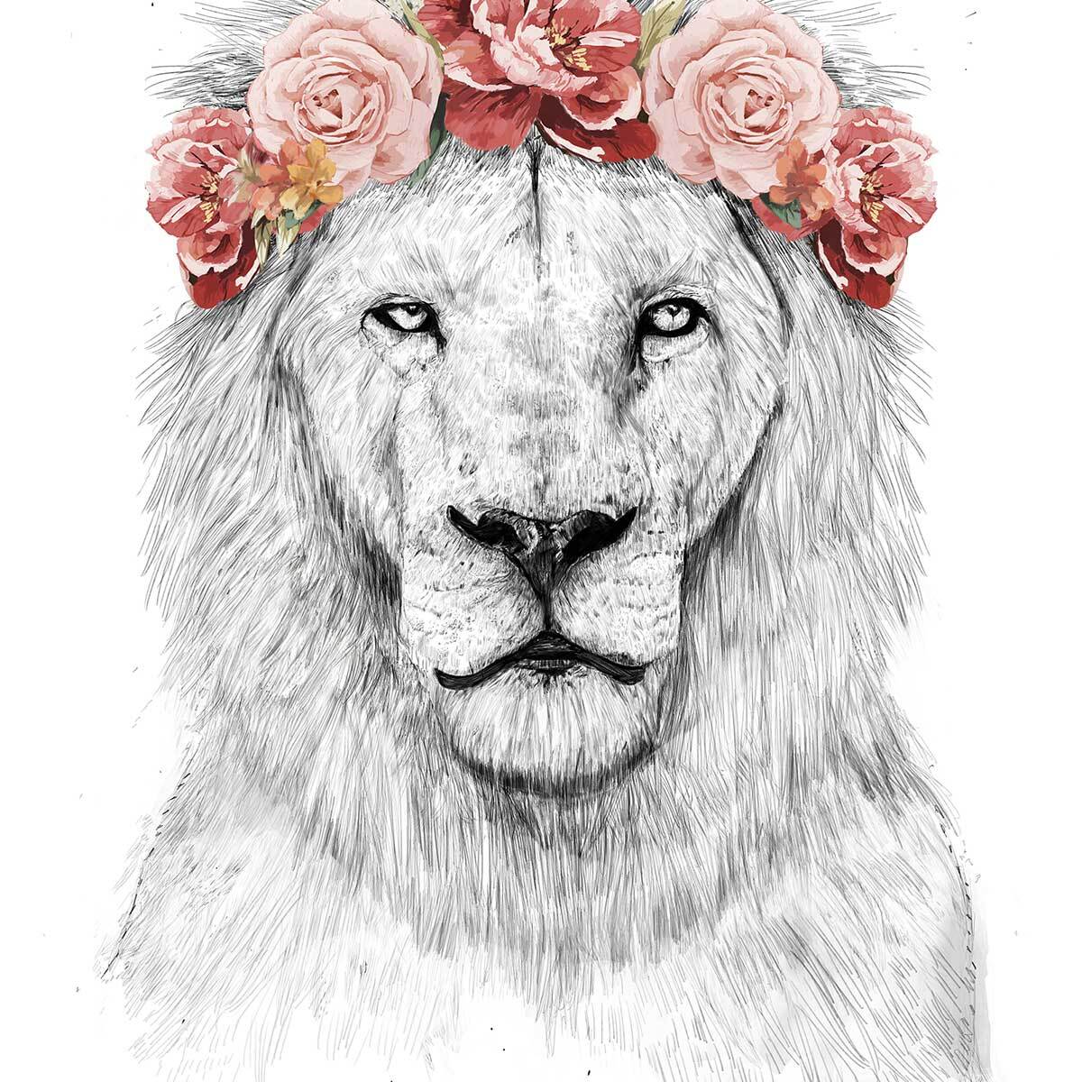 Affiche enfant lion et couronne de fleurs  Affiche + cadre en bois - Chêne