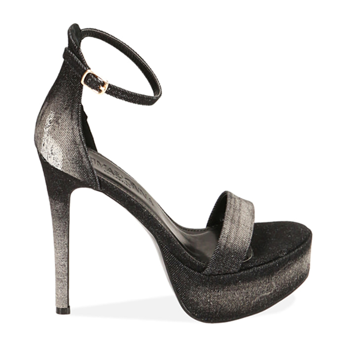 Sandalias negras de plataforma en tela, tacón de 13 cm