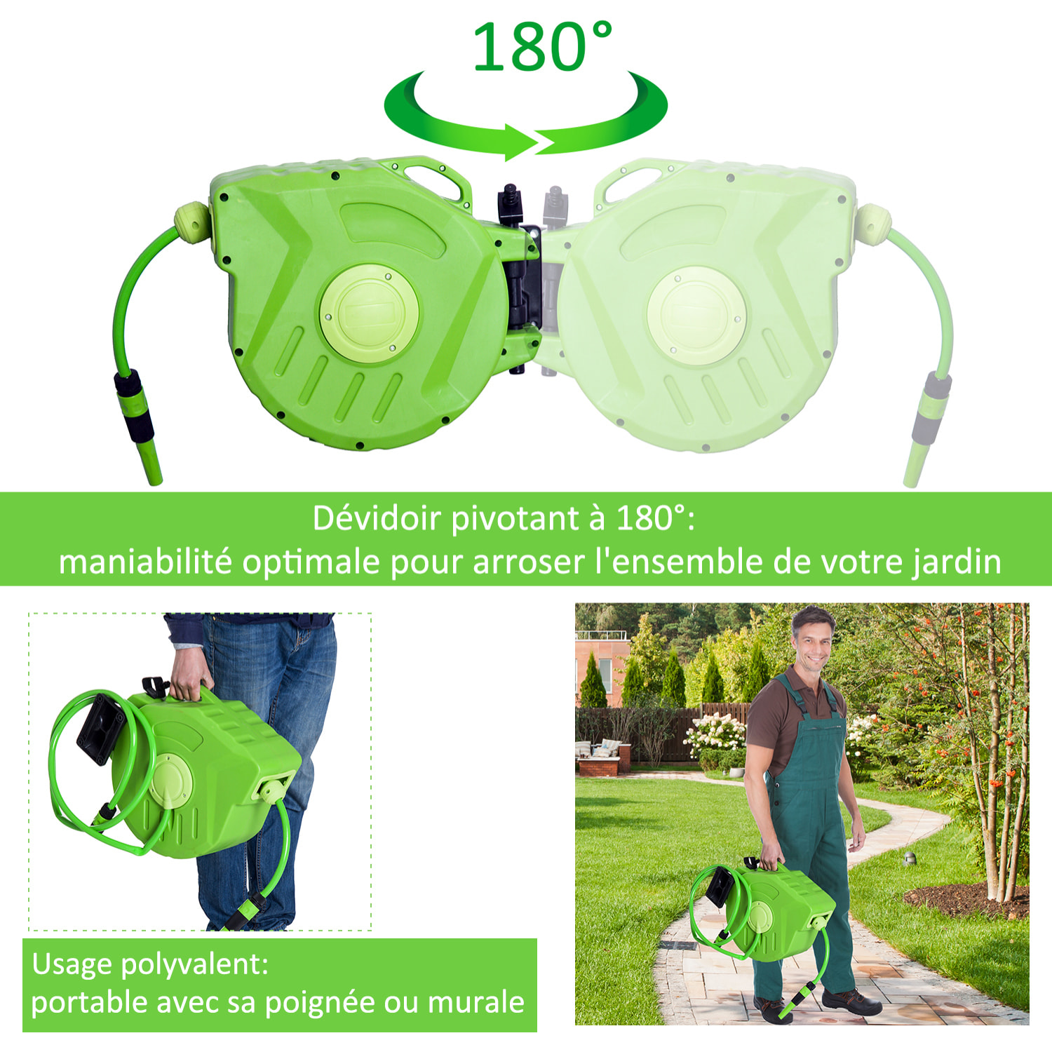 Dévidoir mural enrouleur automatique pivotant 180° tuyau 20 + 2 m avec lance arrosage support mural intégré vert