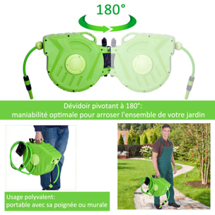 Dévidoir mural enrouleur automatique pivotant 180° tuyau 20 + 2 m avec lance arrosage support mural intégré vert