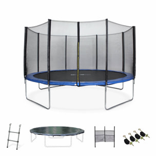 Trampoline 430cm bleu avec filet de protection.  échelle. bâche. filet pour chaussures. kit d'ancrage - Vénus XXL- Trampoline de jardin 430 cm 4m| Qualité PRO|Normes EU