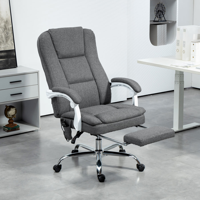 Fauteuil de bureau massant chauffant inclinable repose-pieds rétractable tissu toucher lin gris