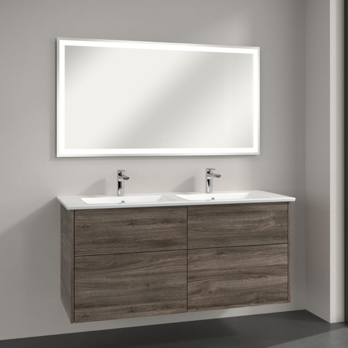 Set meuble avec vasque Finero Villeroy & Boch 130cm Chêne stone oak avec miroir avec éclairage