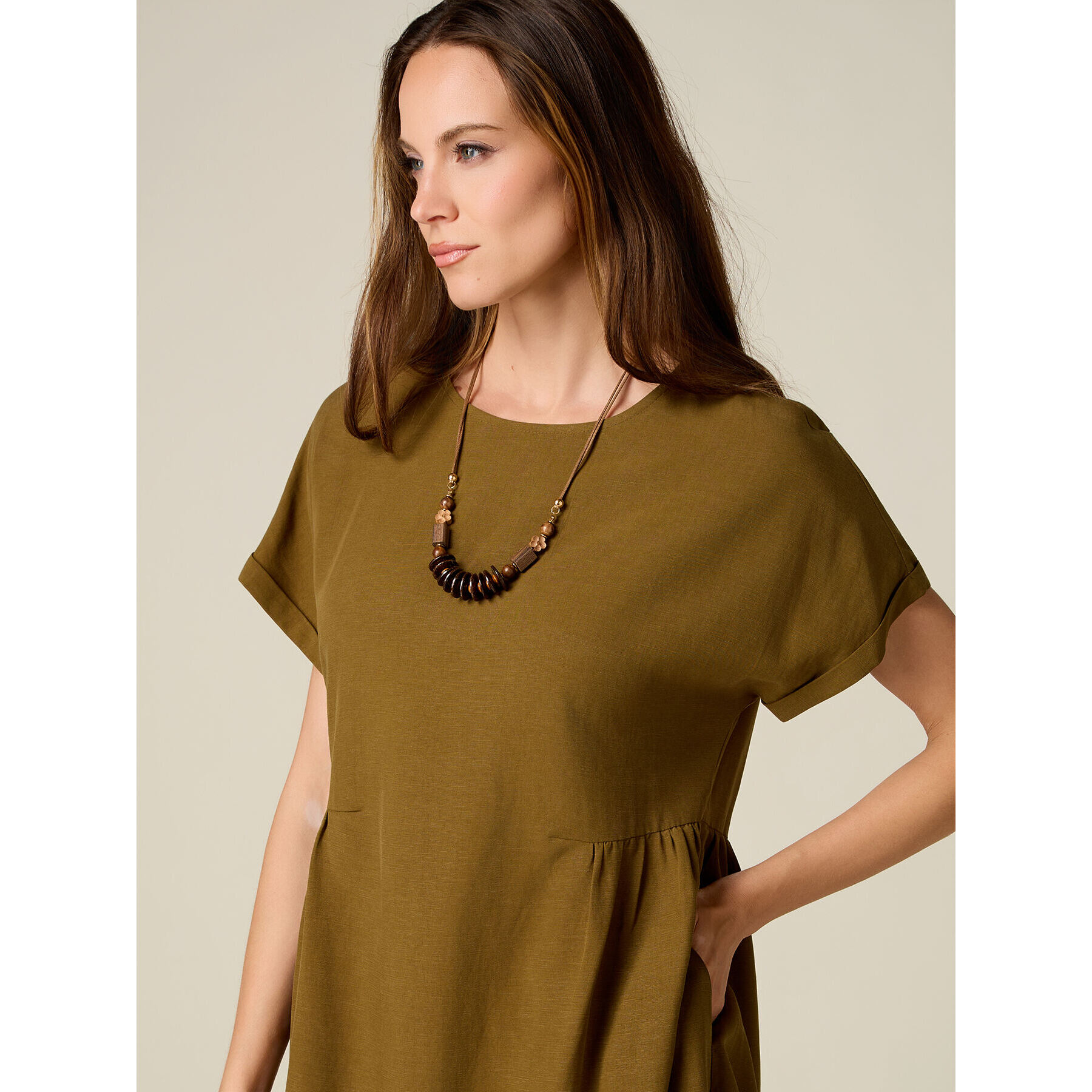 Oltre - Vestito flare misto lino con collana - Kaki