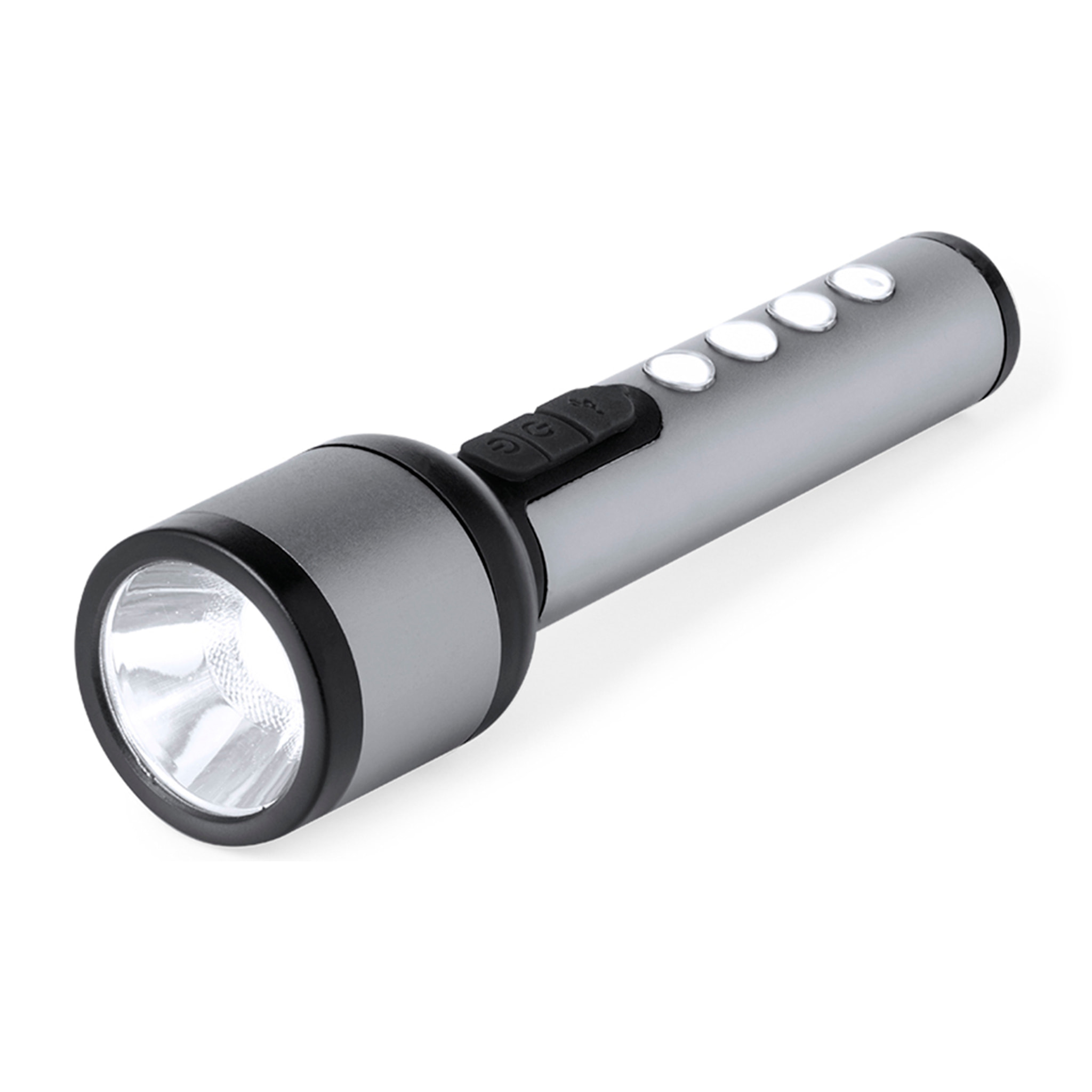 Torcia Eterial in alluminio. Potente e ricaricabile con 1 LED frontale e 4 luci COB, 3 modalità di illuminazione e batteria da 1200 mAh.