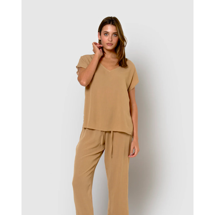 Camisa mujer bambula detalles plisados camel