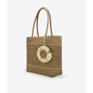 Bolso de hombro marrón claro en rafia con malla
