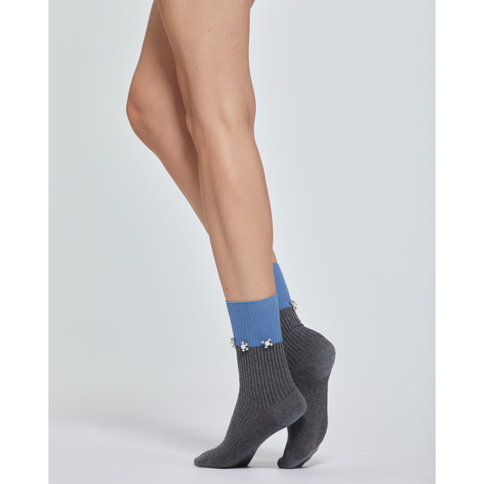 CALZA COTONE AZZURRA A COSTINE CON APPLICAZIONI LATERALI