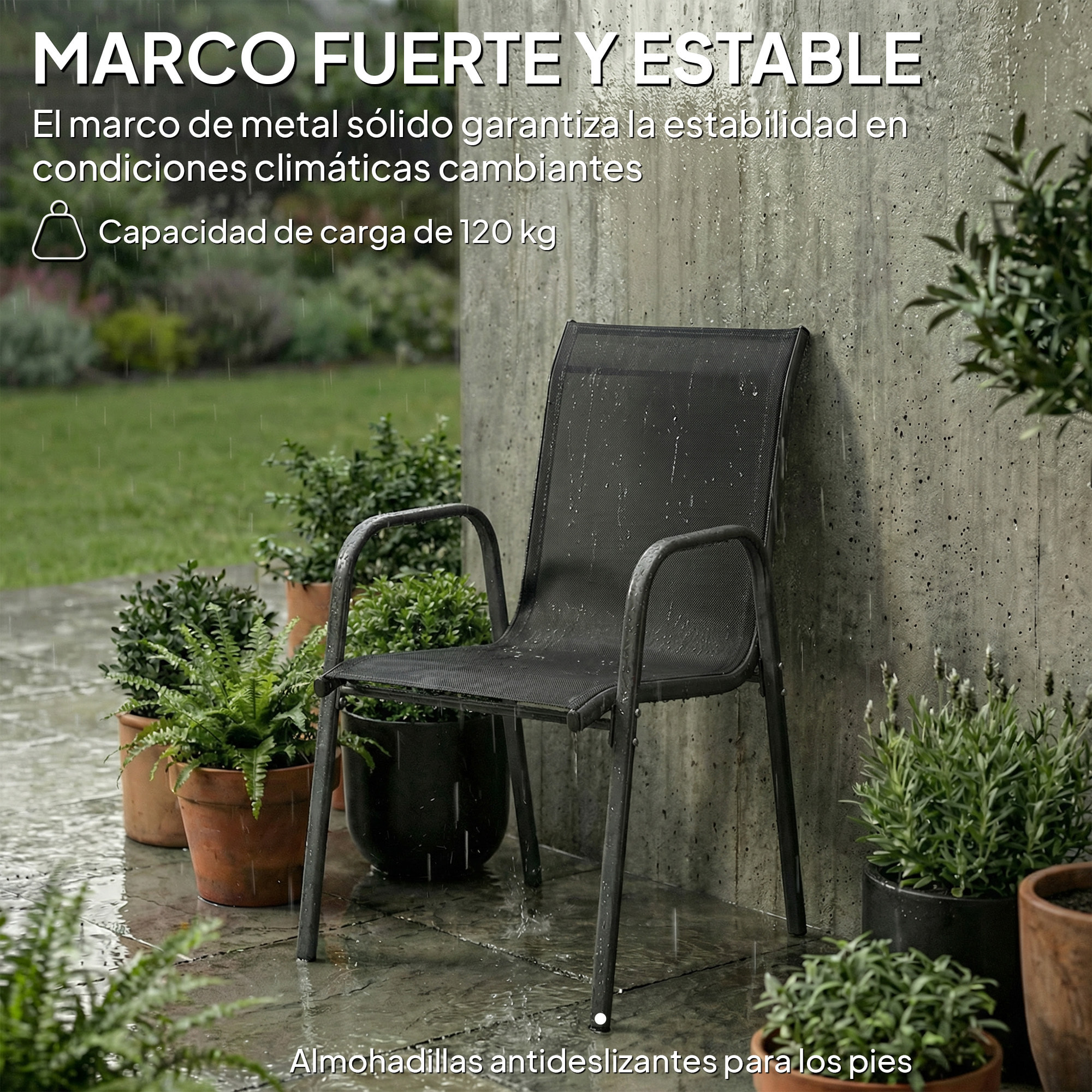 Juego de 6 Sillas de Jardín Exterior Apilables, Sillas Terraza Exterior con Reposabrazos, Asiento y Respaldo de Malla Transpirable, Estructura Metálica Resistente, 51x69x87 cm, Negro