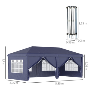 Carpa Plegable 6x3x2,7 m Cenador de Jardín Gazebo Plegable con 4 Paneles 4 Ventanas 2 Puertas con Cremallera 1 Bolsa Anti-UV para Terraza Patio Playa Azul