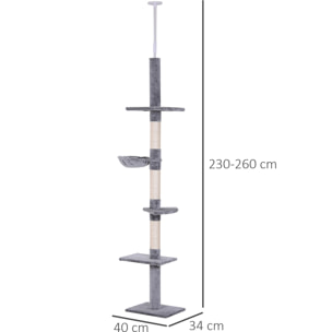 Arbre à chat poteau à griffer L40 x l 34 x H 230-260 cm 5 niveaux d'activités gris