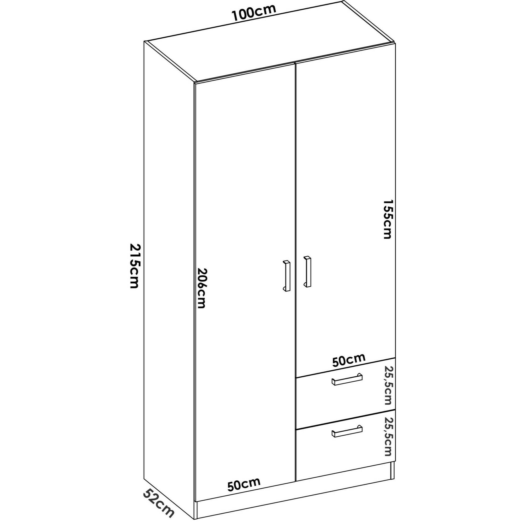 Guardaroba 2 ante Amp, Mobile appendiabiti per camera da letto, Armadio 2 cassetti, 100x52h215 cm, Bianco