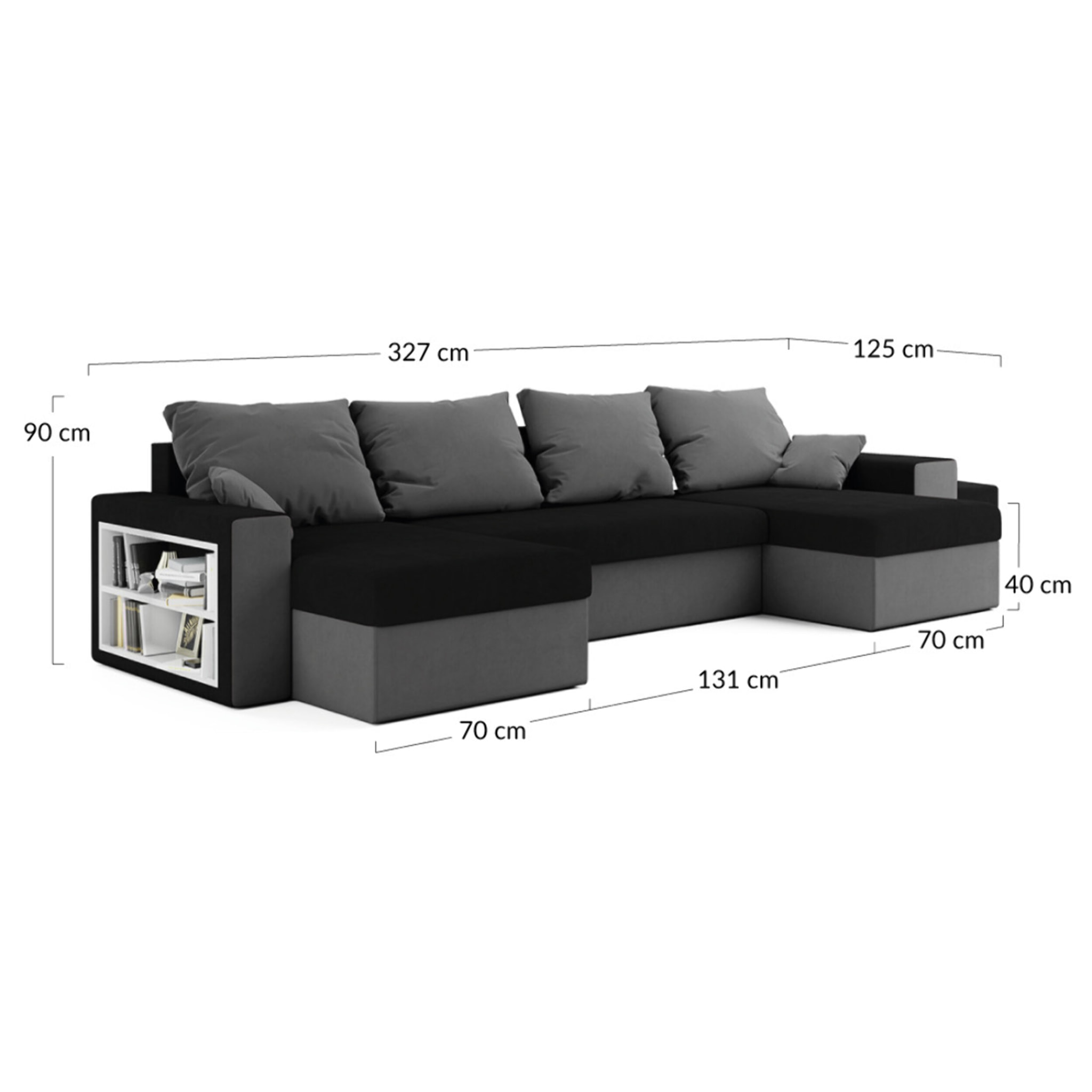 Jonah - Canapé panoramique en U 7 places convertible avec coffre et tablette en tissu - Noir / Gris
