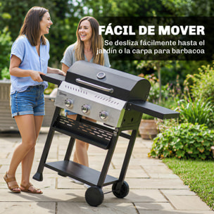 Barbacoa de Gas BBQ Gas con 3 Quemadores 9 kW Barbacoa Portátil con Termómetro Mesas Laterales Plegables Estante Rejilla Calentadora Especiero Parrilla Recogedor Grasa 2 Ruedas Ganchos Negro