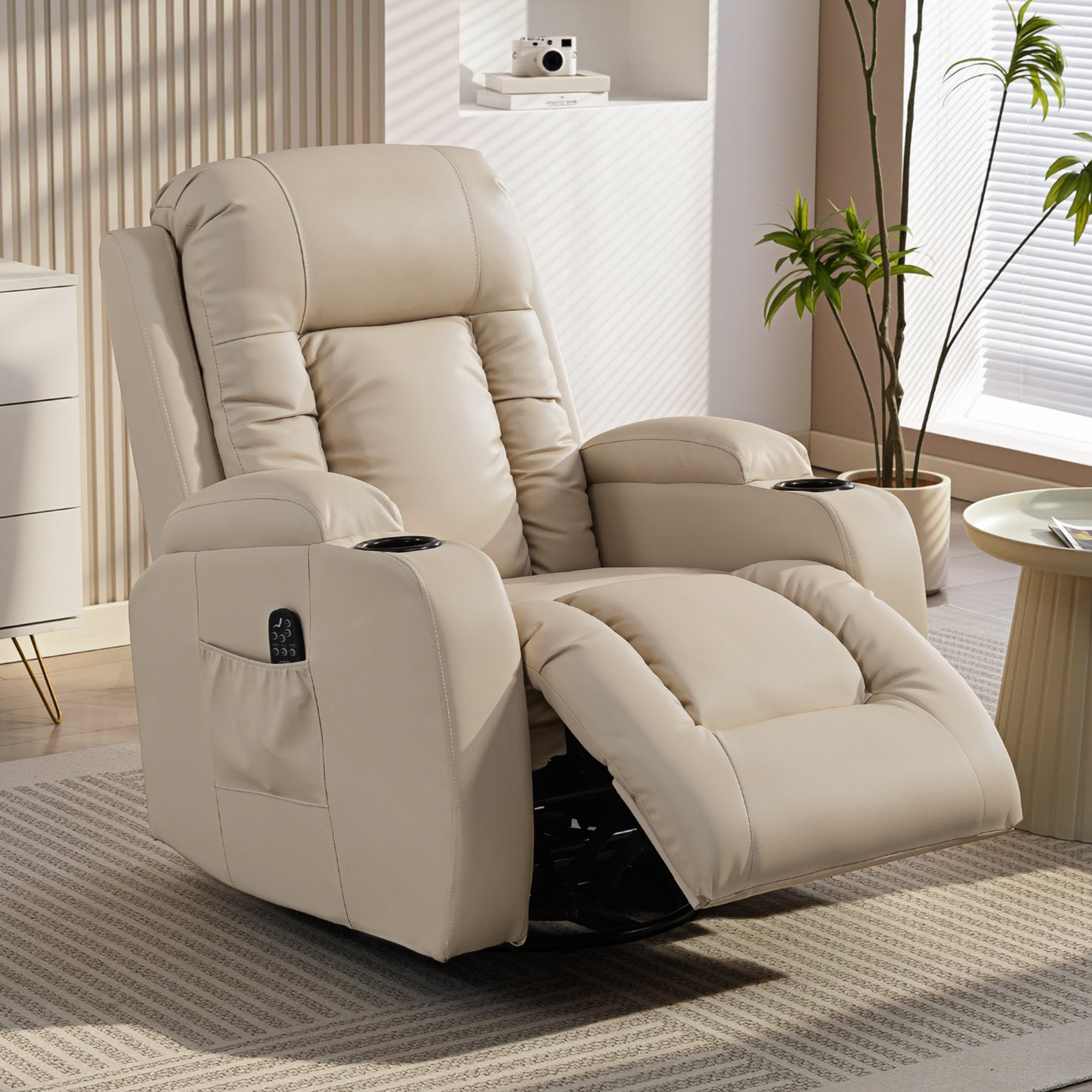 Sillón de Masaje Giratorio, Sillón Relax Reclinable con 8 Puntos de Masaje, Función Calefacción Lumbar, Mando a Distancia, Tapizado en PU, Reposapiés, Bolsillo Lateral, Función Basculante Crema
