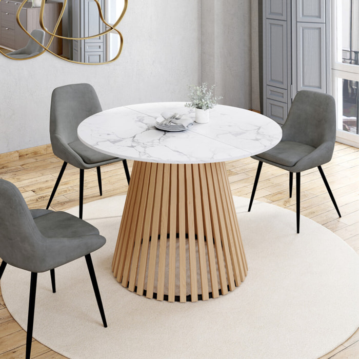 Table à manger ronde extensible Camélia effet marbre blanc et pied lattes Ø110-150cm