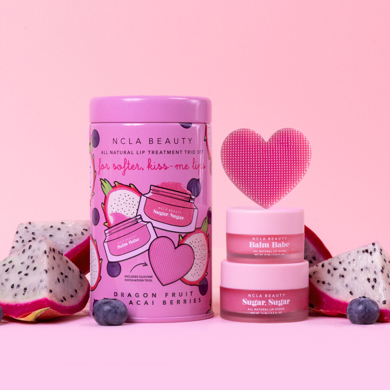 Dragon Fruit & Acai Berries - Duo baume 10 ml + scrub 15 ml + Exfoliant en silicone